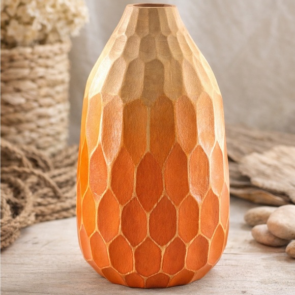Handmade Other - Hand Carved Wooden Decorative Vase Faceted Orange & Natural Wood Thailand 10”